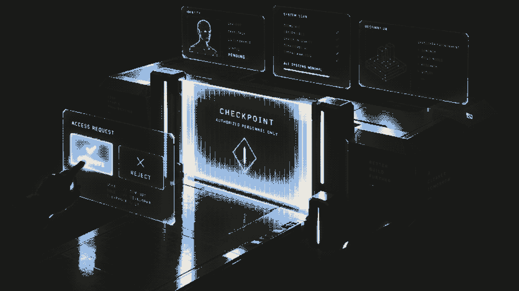 Isometric glass terminal console blocked by a holographic approval gate