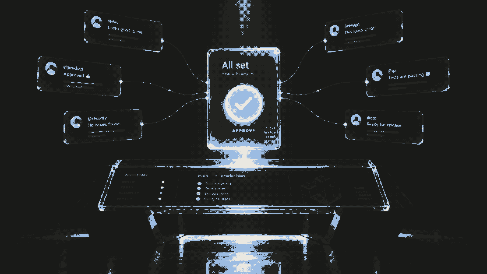 Chat bubble holograms converging into a single approval card