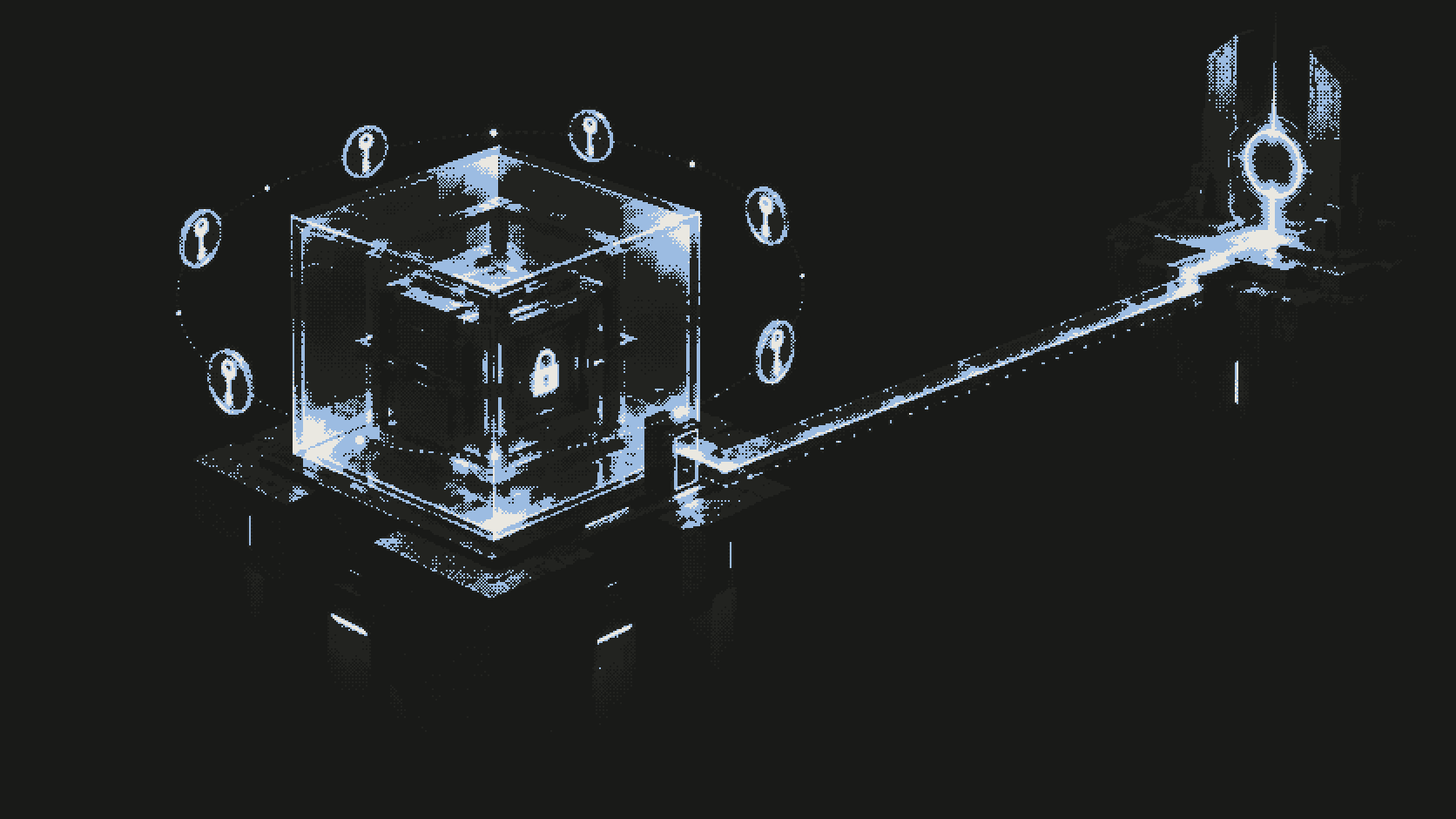 Sealed glass container with key glyphs orbiting outside its boundary