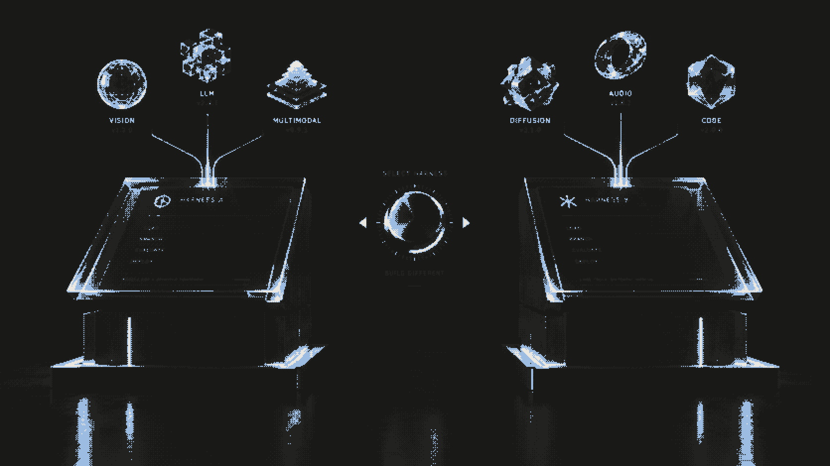 Two glass consoles branching to different holographic model nodes