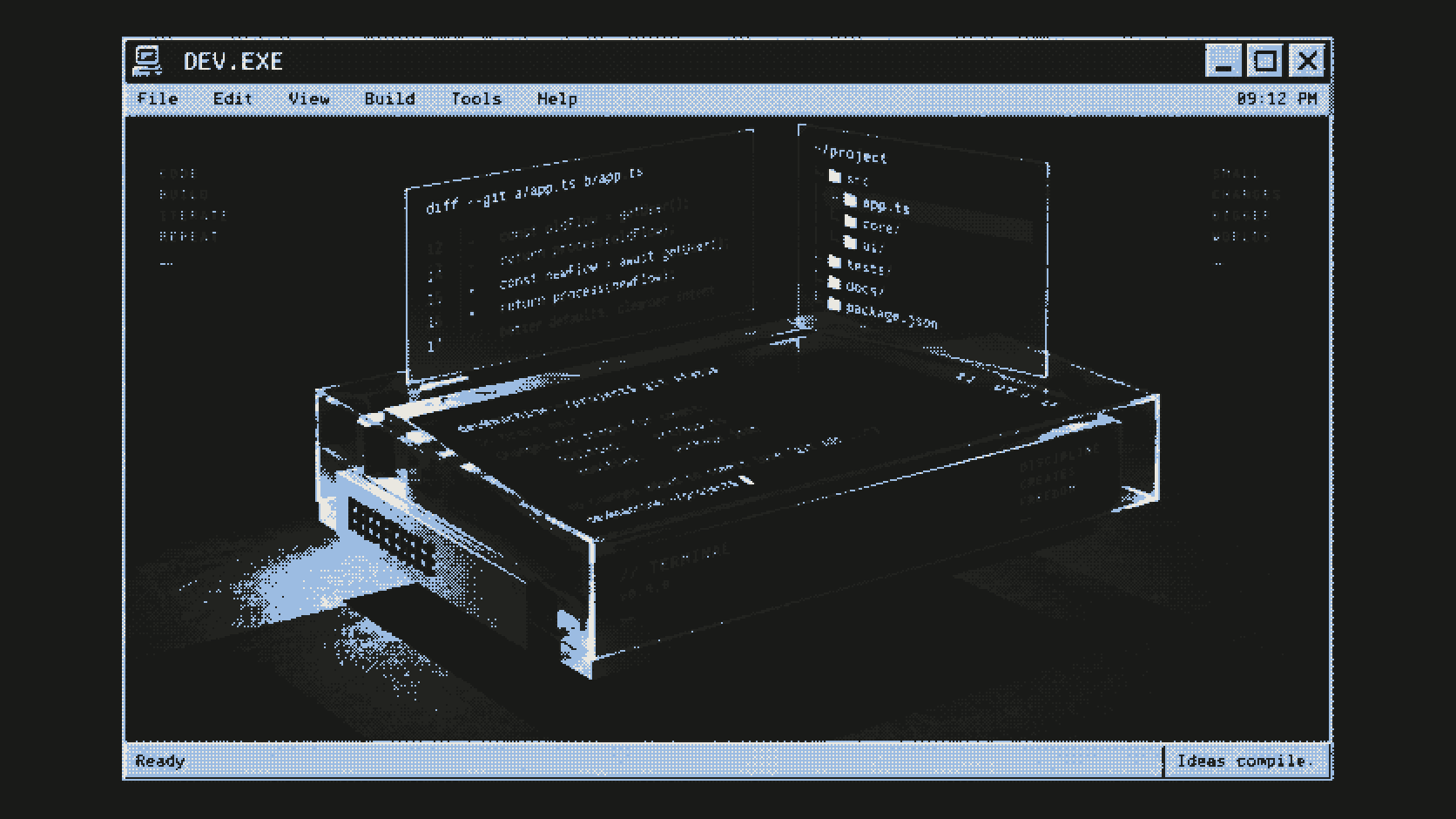 Retro OS window floating in a dark void, holding a glass terminal console with holographic code panels