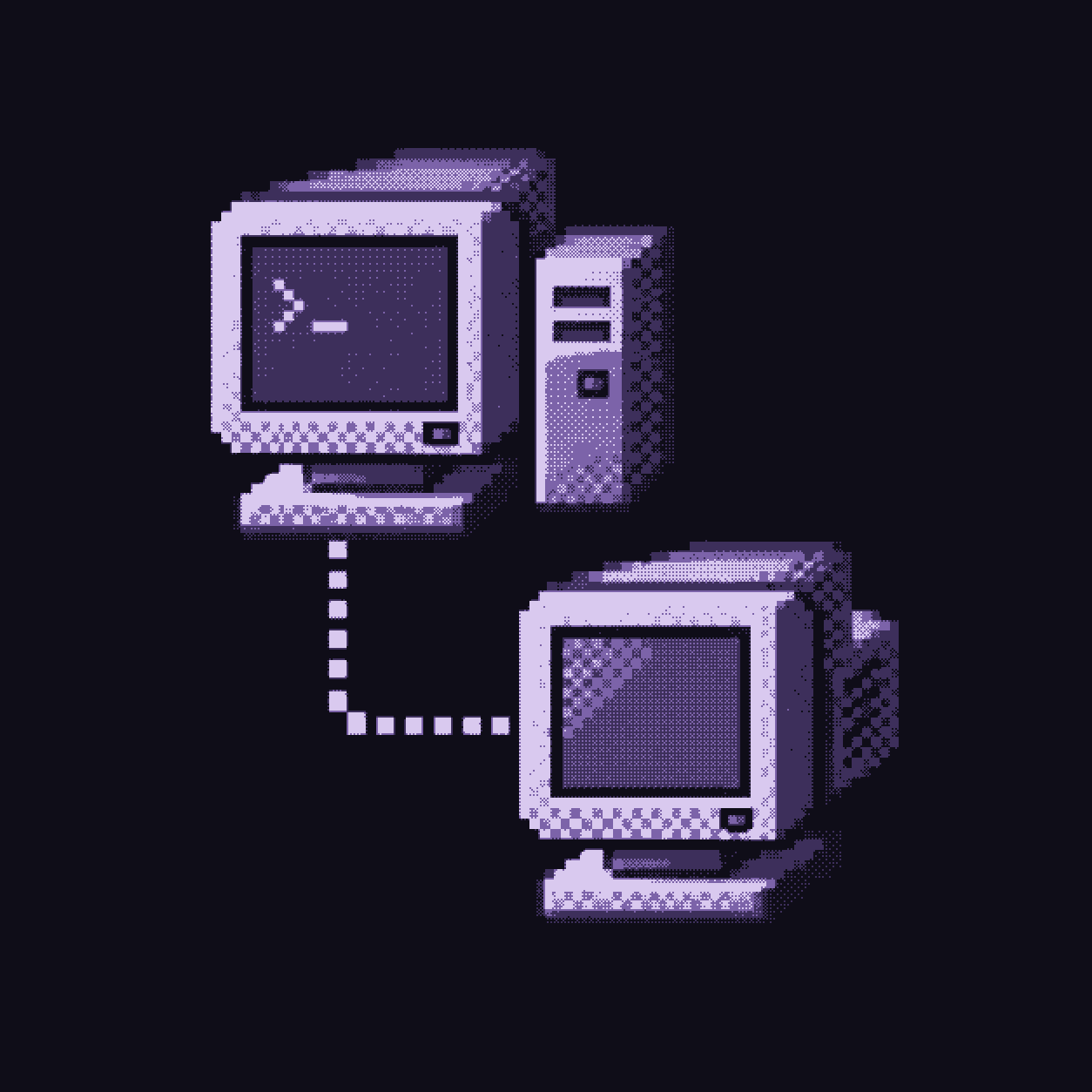 Pixel-art workstation of two CRT monitors on a network node