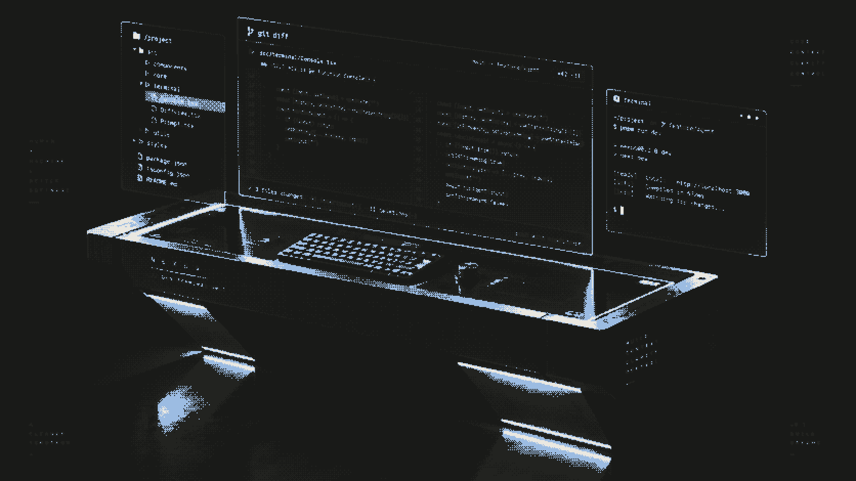Glass terminal console with holographic diffs floating above it