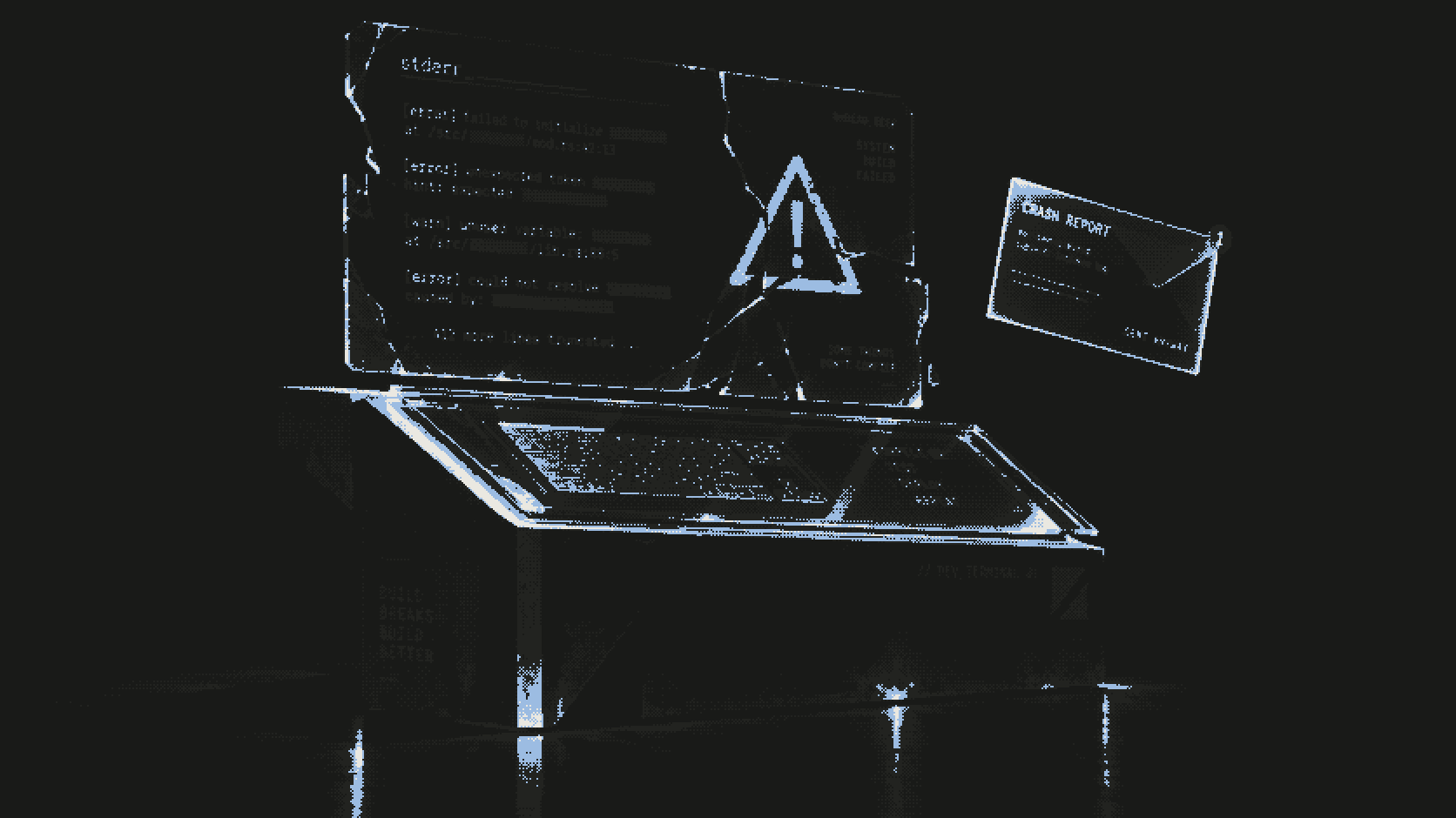 Glass console beneath a fractured holographic error panel