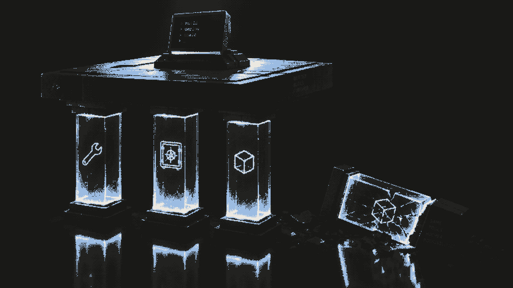 Three glass pillars holding up a floating terminal platform